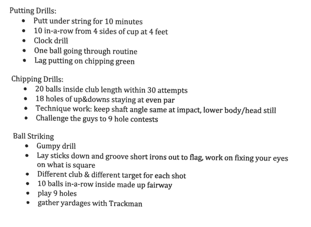 This is one of my players from Ohio State. I liked how he listed numerous drills and completed 2 of them each day. He basically had a menu of drills so he always had something to do.